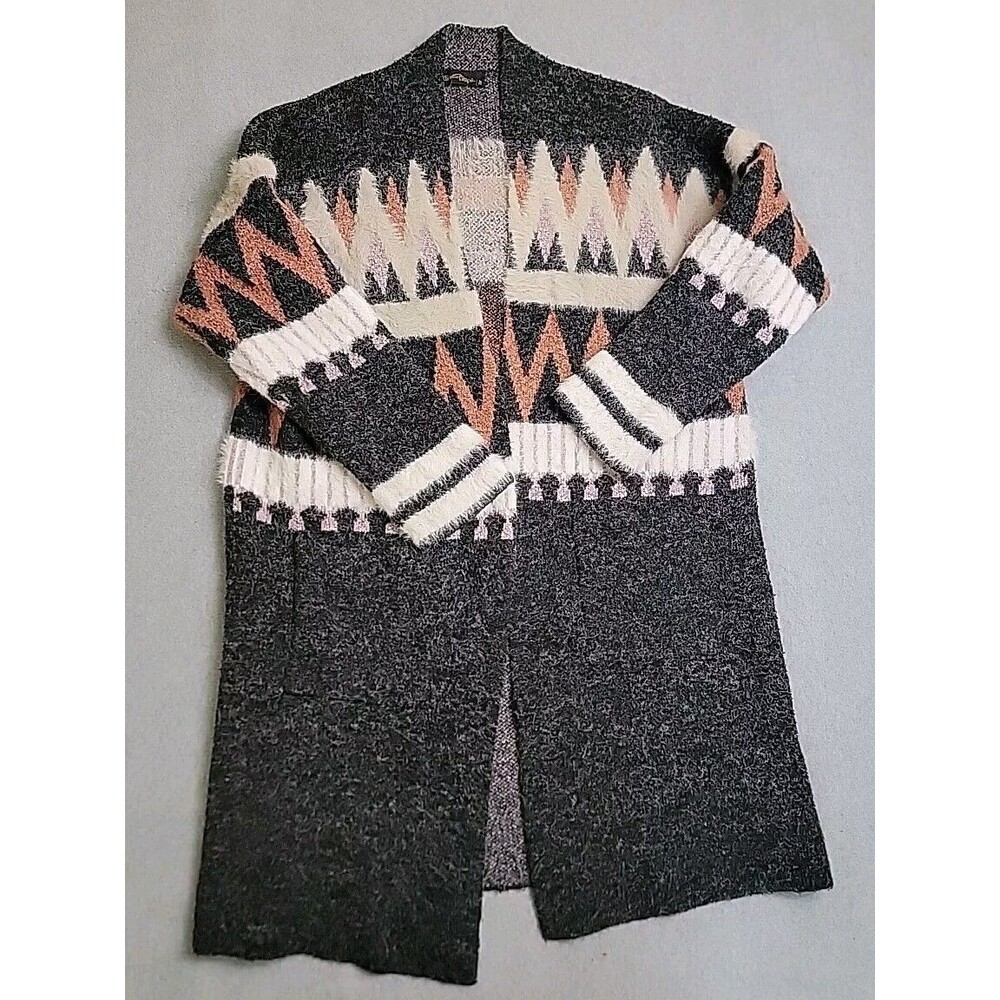 Christine Phillipe Cardigan Women M Grey Pink Geometric Angora Duster Pocket